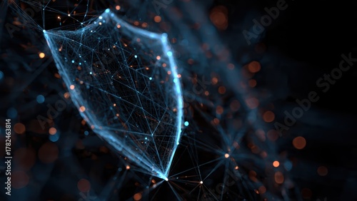 A digital representation of a shield formed by interconnected lines and nodes, symbolizing cybersecurity and data protection in a modern aesthetic.