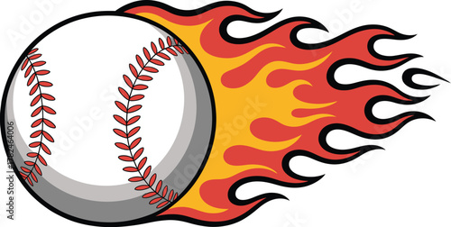 Baseball on fire flaming fastball effect showing power speed strength explosive motion energetic athlete performance sports theme dynamic graphic art