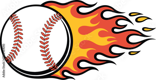 Baseball on fire flaming fastball effect showing power speed strength explosive motion energetic athlete performance sports theme dynamic graphic art