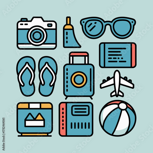 A collection of travel-related icons including a camera, luggage, sunglasses, and flip-flops.