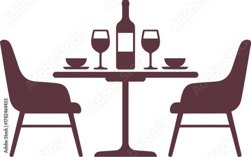 A table for two with wine glasses and a bottle is set for a romantic meal.