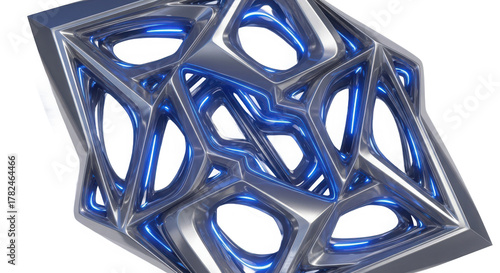 Abstract geometric metallic sculpture with intricate interwoven patterns and reflective blue highlights isolated on white background
