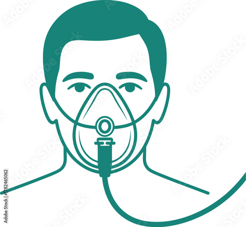 A person wears a medical oxygen mask with a tube connected to a breathing apparatus.