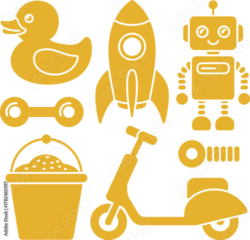A collection of brightly colored, stylized toys including a rubber duck, rocket, robot, scooter, and bucket.