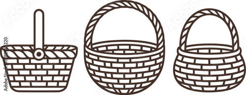 Three woven baskets with handles are displayed in a row against a white background.