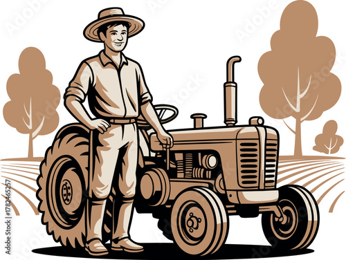 A farmer stands proudly next to his vintage tractor in a cultivated field.