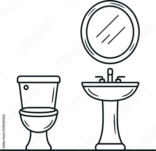 A clean bathroom scene with a toilet, pedestal sink, and mirror is depicted in outline.