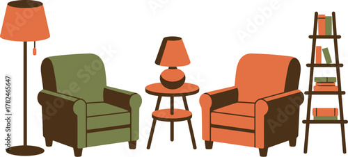 A cozy interior scene features two armchairs, a side table with a lamp, a floor lamp, and a bookshelf.