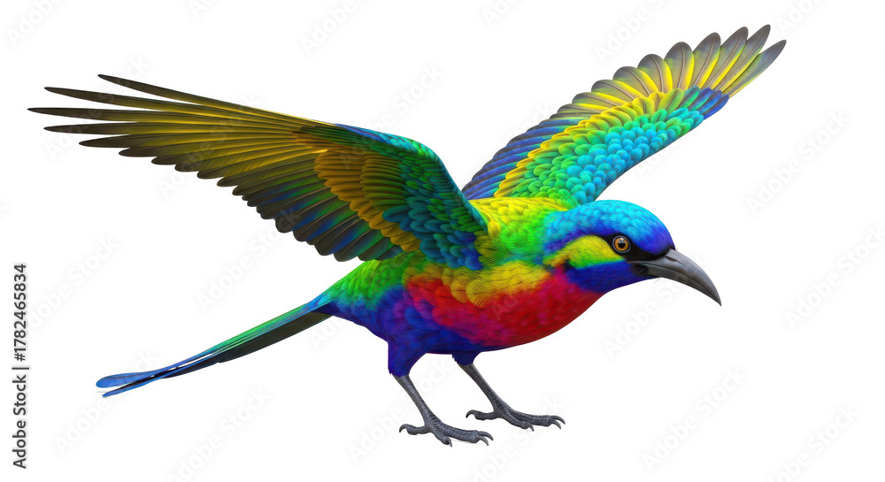 Obraz premium Vibrant multicolored bird with outstretched wings in flight showcasing brilliant blue green yellow and red plumage isolated on white background