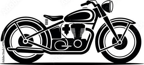 A classic black and white silhouette of a vintage motorcycle is depicted.