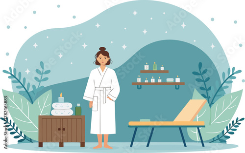 Spa center service flat vector illustrations set. Beauty salon visitors and workers cartoon characters. Wellness center procedures and equipment pack. Hot stone massage, foot bath and facial masks.