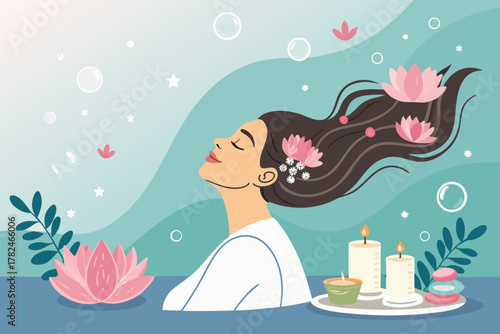 Spa center service flat vector illustrations set. Beauty salon visitors and workers cartoon characters. Wellness center procedures and equipment pack. Hot stone massage, foot bath and facial masks.