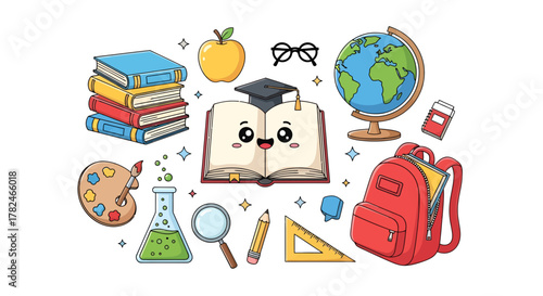 Delightful cartoon illustration embodying essential education elements and happy scholarly pursuits