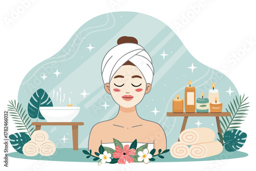 Spa center service flat vector illustrations set. Beauty salon visitors and workers cartoon characters. Wellness center procedures and equipment pack. Hot stone massage, foot bath and facial masks.