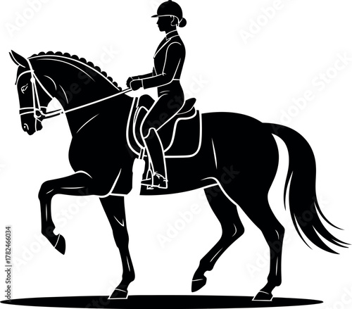 Silhouette of a woman in riding attire on a horse performing a dressage movement.