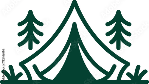 A stylized illustration of a tent surrounded by pine trees and grass.