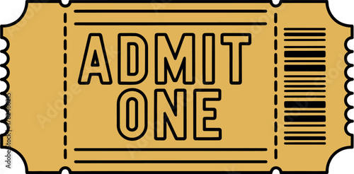 A golden ticket with the words 'ADMIT ONE' printed in bold black font.