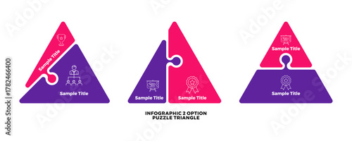 2 step option triangle infographic with shape puzzle and selected vector icon, for visual presentation, web, cover, annual report diagram, company poster.