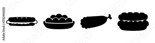 A collection of four black silhouette icons representing different food items a sandwich, a bowl of fruit, a chicken leg, and a stack of donuts, all isolated on a