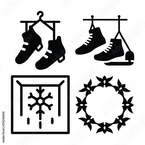 Four black silhouette icons representing winter activities and decoration