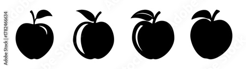 Four black silhouette apples with leaves and stems