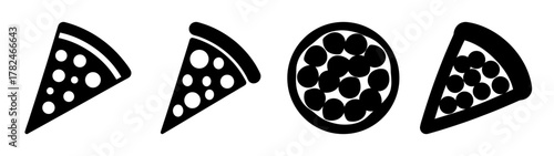 A collection of four black and white icons representing pizza slices and a whole pizza, all isolated on a