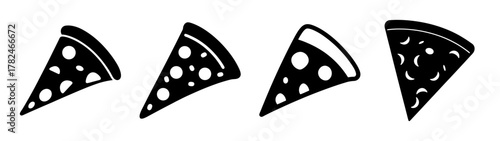 Four black pizza slices with different toppings