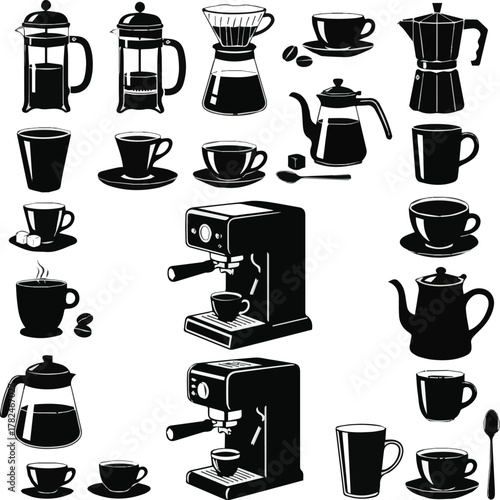 Original name(s): kinds of deferent coffee set vector art silhouette with white background