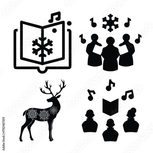 Christmas caroling and winter icons set
