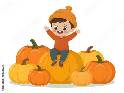 Happy child wearing orange hat sitting on pile of pumpkins