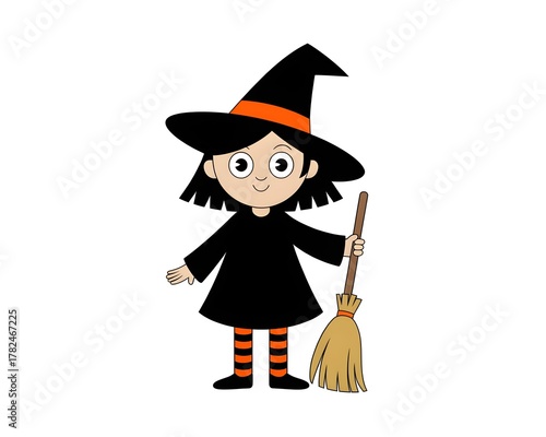 Cute cartoon witch with glasses and broomstick for halloween