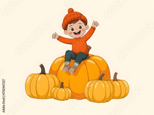 Happy child in orange hat sitting on a large pumpkin surrounded by smaller pumpkins