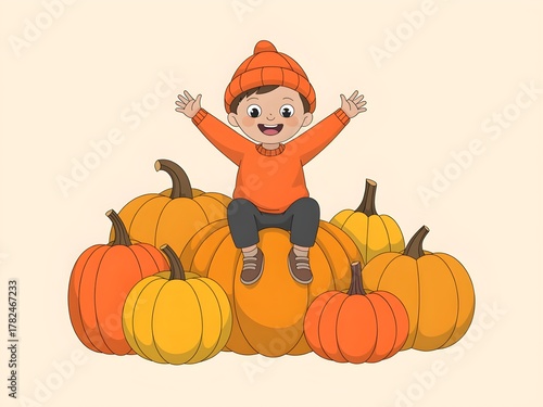 Happy child in orange hat sitting on pile of pumpkins celebrating autumn harvest