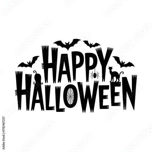 Happy halloween text with bats and black cat silhouette