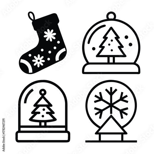 Christmas icons set featuring stocking snow globes and snowflake
