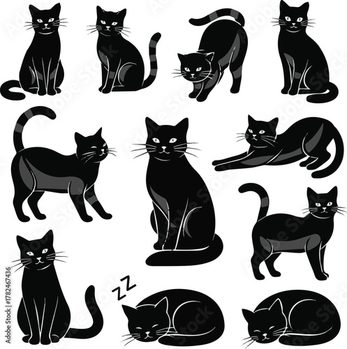 kinds of deferent cute cat vector art silhouette with white background..