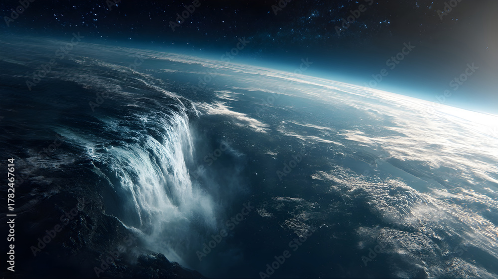 Naklejka premium Planet earth edge with waterfall falling into space