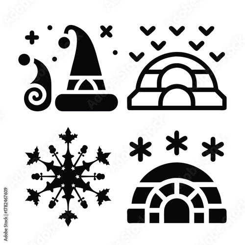 Winter holiday icons including santa hat snowflake and igloos