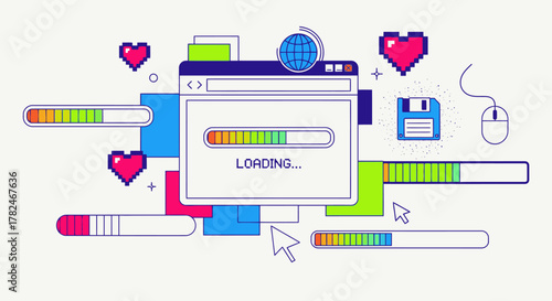 Retro Loading Screen with Hearts and Floppy Disk.