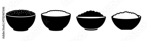 Four bowls of rice, each with a different type of rice