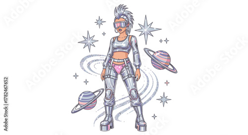 Futuristic Space Girl with Holographic Outfit and Cosmic Background.