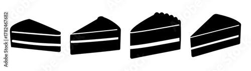 Four black silhouette slices of cake with white filling, isolated on a