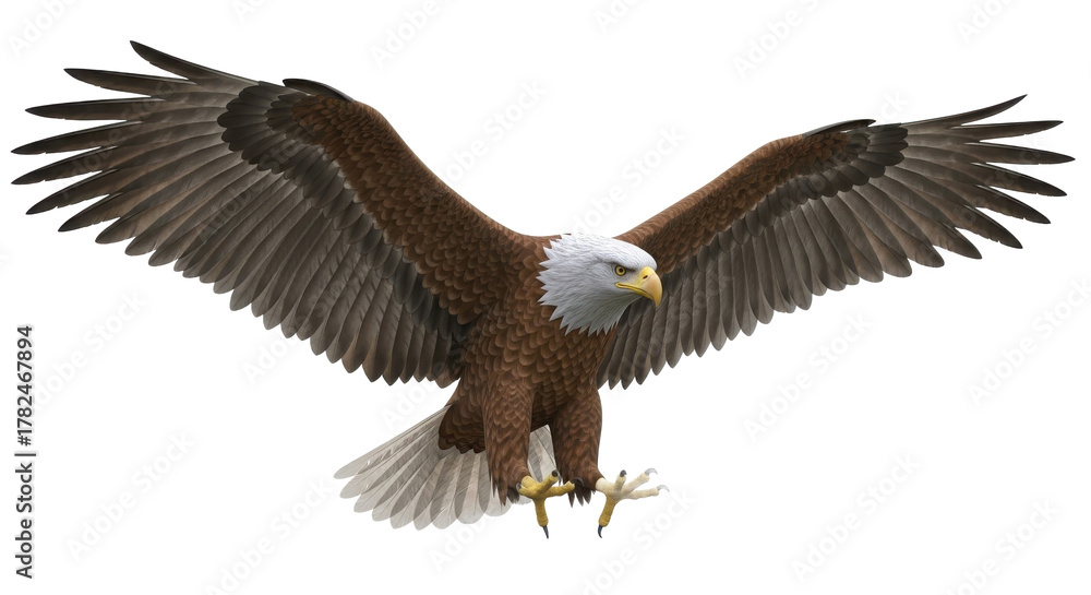 Fototapeta premium Majestic bald eagle in flight with wings spread wide showing detailed feathers isolated on white background