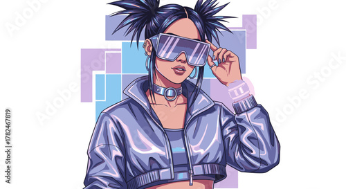 Stylish Cyberpunk Girl with Futuristic Glasses and Edgy Fashion.