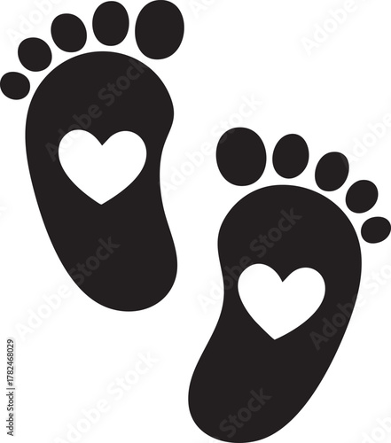 Newborn Baby Feet with Heart Silhouette Vector - Minimalist Black Footprint Icon for Baby Shower, Love, and Maternity Graphics