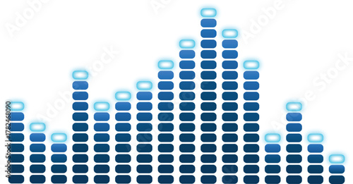 Blue digital equalizer bars forming abstract sound wave pattern on white background, modern audio frequency visualization design for music, technology, and sound editing concepts.