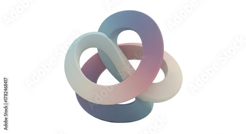 Abstract geometric knot sculpture with pastel colors in a smooth rounded form isolated on white background