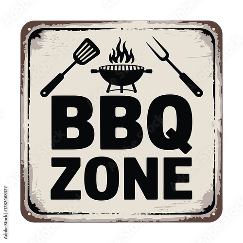 Vintage bbq zone sign with grill utensils and flames