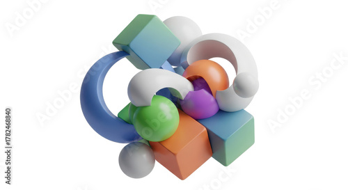 Abstract 3d geometric sculpture with organic shapes and smooth curves in pastel colors isolated on white background