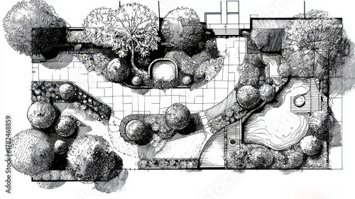 Overhead view illustrating a comprehensive garden plan with diverse plant elements, paving, and architectural features, providing a detailed visualization for landscape design projects